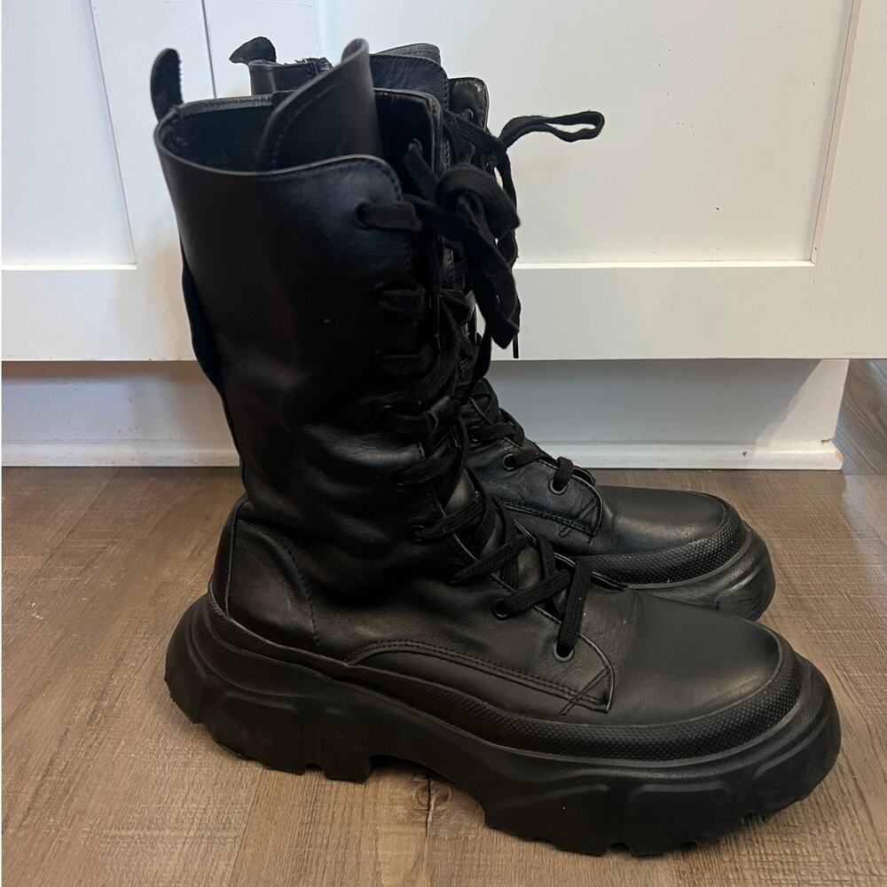 Zara Low Heel Lug Sole Lace-up Black Leather Boots